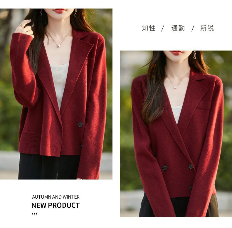 Spring and Autumn Suit Collar Worsted Wool Cardigan Women's Casual Tops Autumn and Winter Cashmere Sweater Top New Style