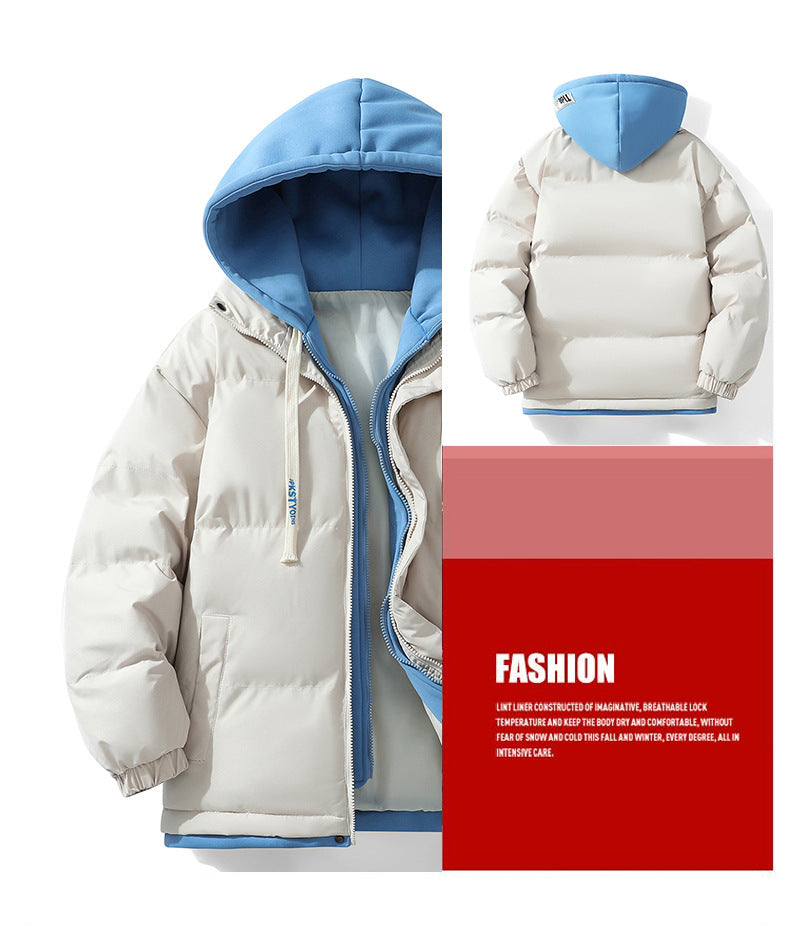 Hooded cotton-padded jacket winter thick warm couple's bread suit loose trend fake two-piece cotton-padded jacket men's hooded coat