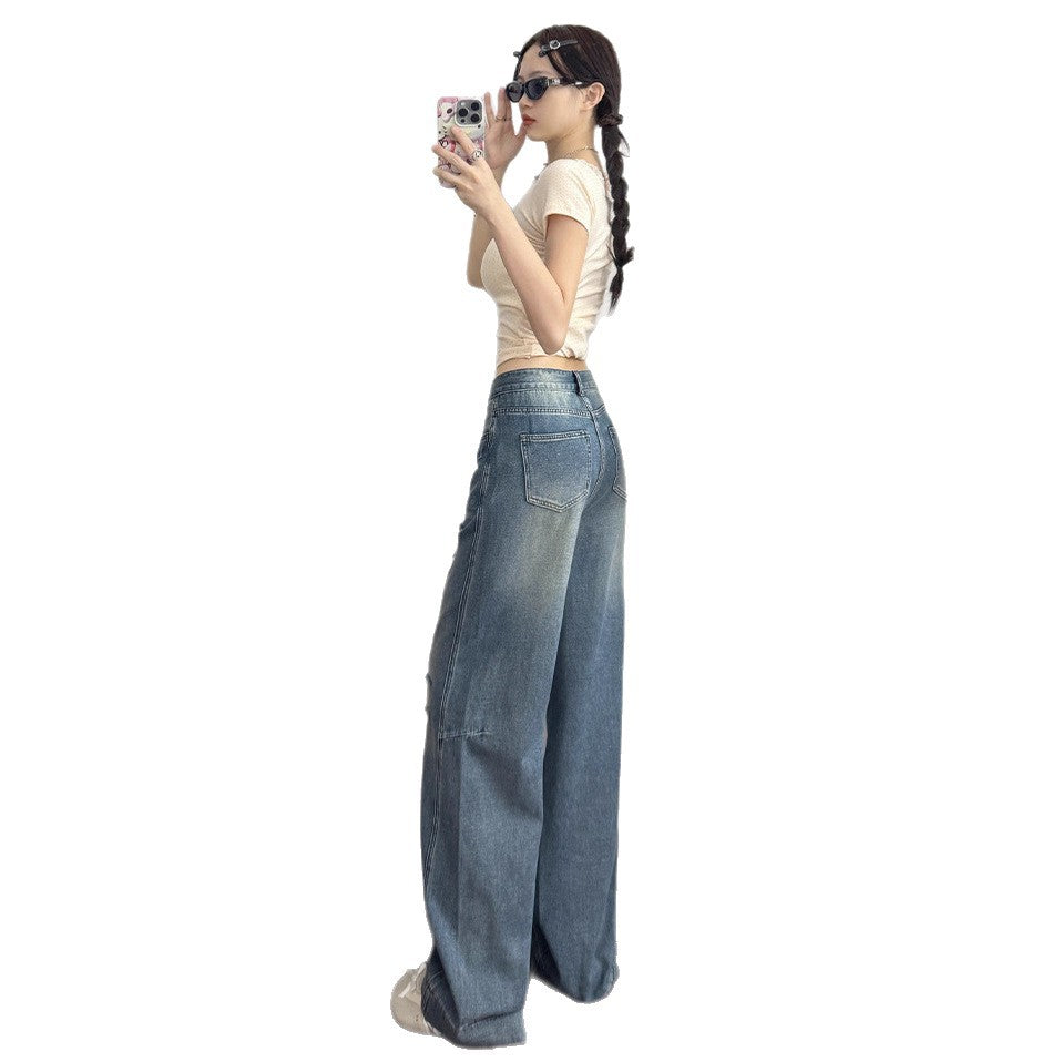 2025 Retro High-Waisted Ripped Jeans for Women in Spring and Autum New Pear-Shaped Figure Slimming Look Loose Wide-Leg Pants