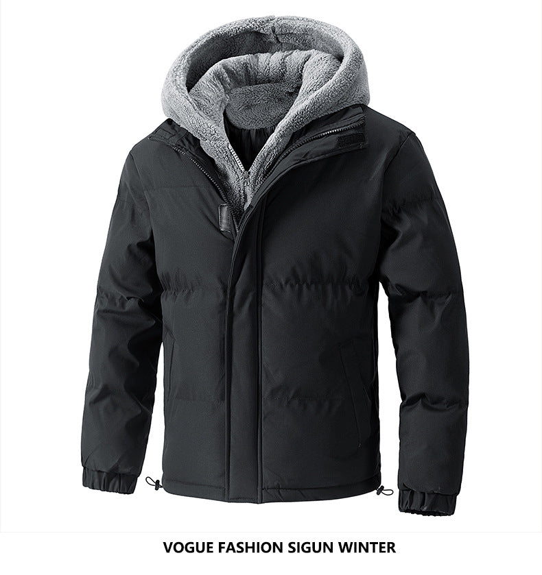 2025 Winter New Cross-Border Men's Cotton Jacket, Faux Two-Piece Solid Color Design with Fleece Lining and Thickened Polar Fleece Cotton Coat