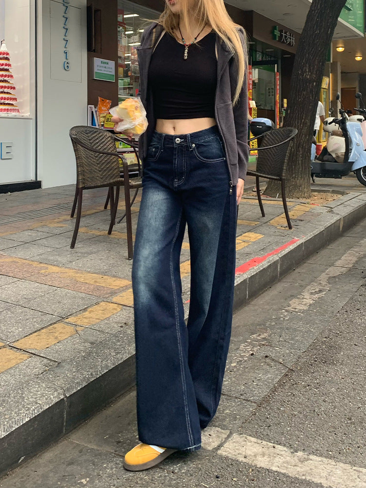 American-Style Embroidered Dark Blue Denim Wide-Leg Pants for Women, New Autumn and Winter Design, Lazy Versatile Casual Drape Straight-Leg Pants