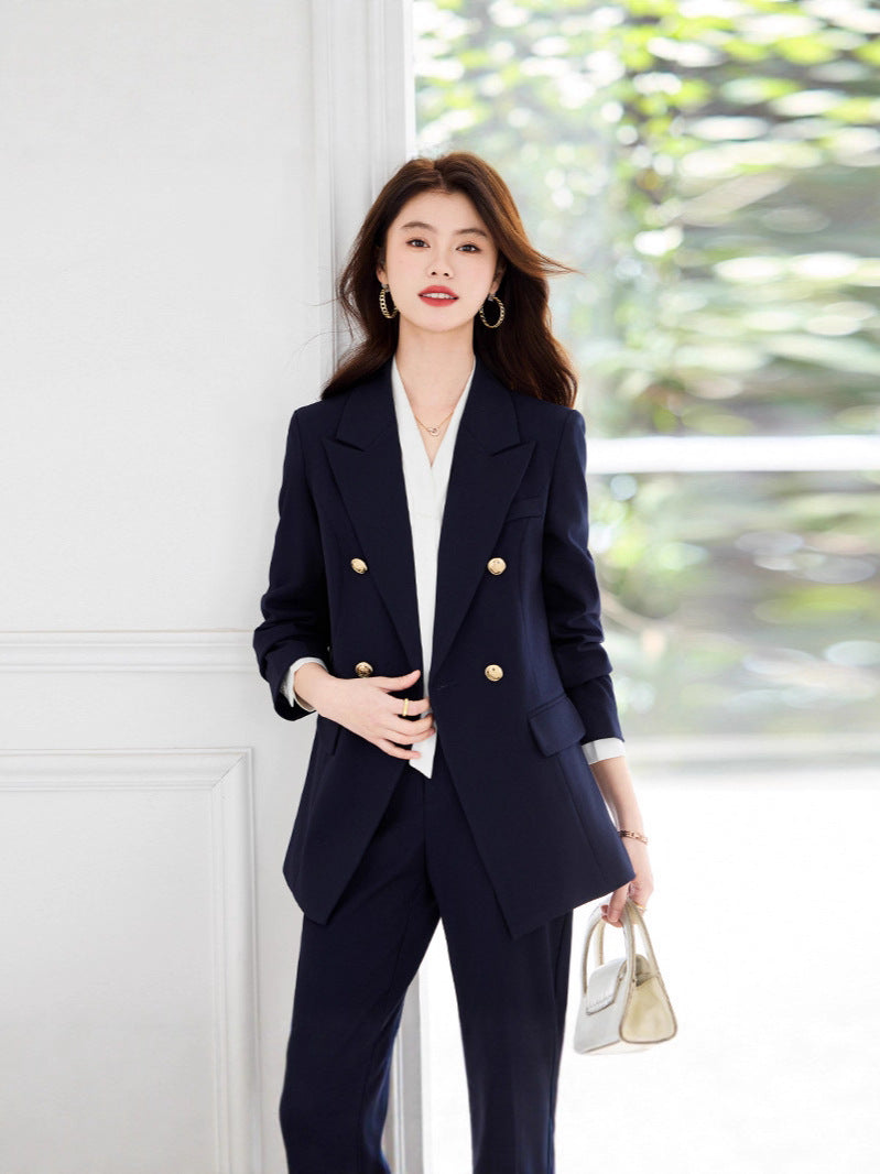 Double-Breasted Suit Set for Women, Autumn and Winter New Style, Korean Fashion, Casual, Professional Attire, Slim Fit, White-Collar Business Long-Sleeve Suit