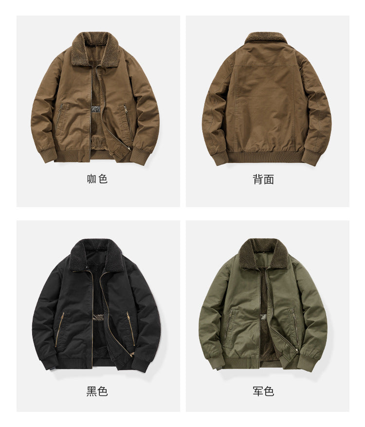 Pure Cotton Autumn and Winter Workwear Lamb Velvet Jacket Middle-Aged and Elderly Men's Jacket Flight Suit Winter Thickeneded Velvet Cotton Jacket
