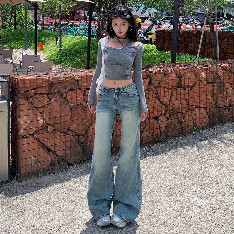 American Hot Girl Washed Retro Slim Jeans for Women Early Autumn New Versatile Fashionable and Comfortable Low-Waist Micro-Flared Pants