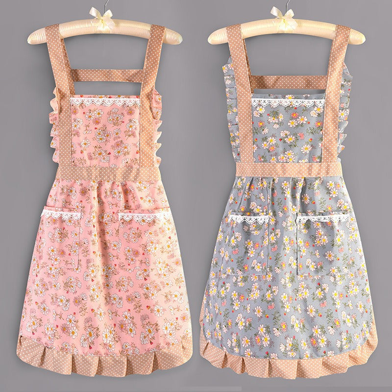 Factory Direct Sales New Kitchen Household Cooking Canvas Cotton Apron Lace Cute Hand-Wipeable Suspenders Pure Cotton for Women