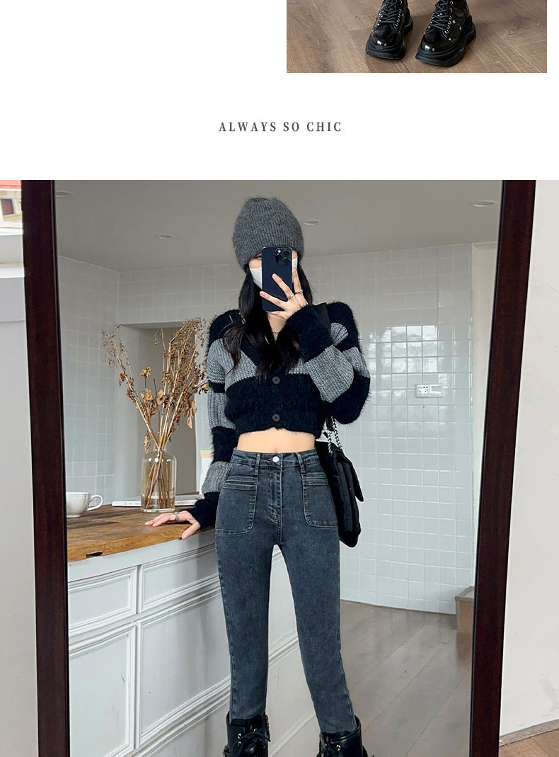 Retro High-Waisted Jeans for Women 2025 Autumn New Slimming Look Design Elastic Tight Pencil Pants