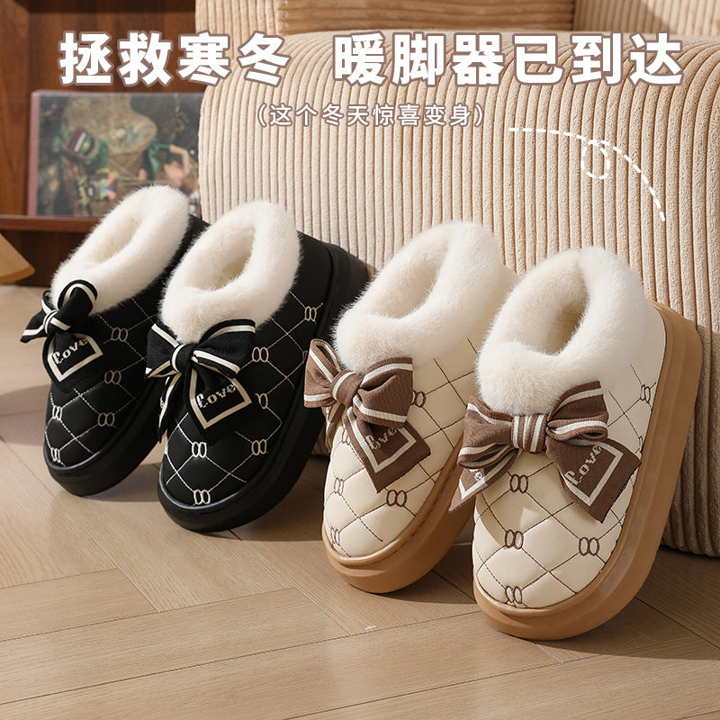 High-value Bow Waterproof Cotton Shoes Women's Bag Heel Winter Indoor Home fleece-lined Non-slip Cotton Slippers for Outer Wearing to Keep Warm