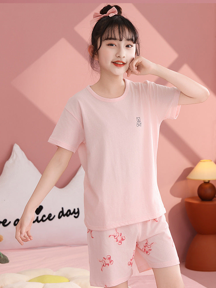 Children's Pajamas, Pure Cotton, Summer Short-Sleeved Shorts Set for Boys, Home Clothes for Girls, Air-Conditioned Clothes for Middle-Aged and Older Boys