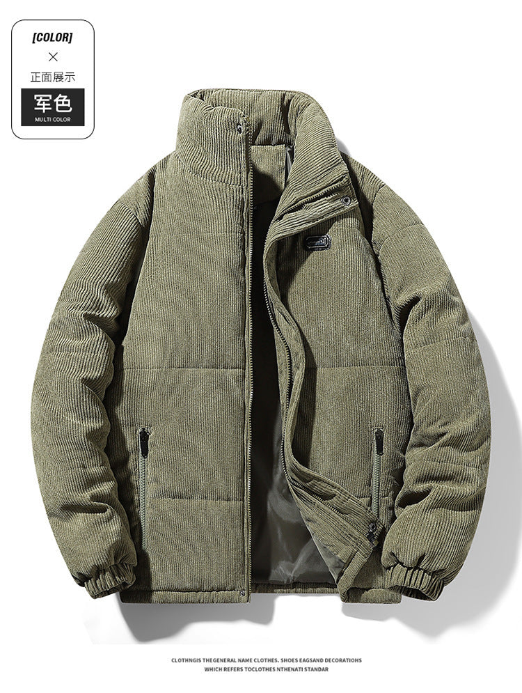 Thickened corduroy cotton-padded jacket for autumn and winter men's warm neck protection stand collar cotton-padded jacket European and American plus size fashionable cotton-padded jacket