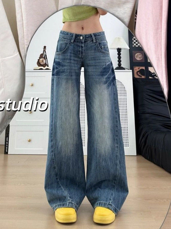 Low-Waist Jeans for Students, Autumn Style, New Loose Straight-Leg Casual Wide-Leg Pants, Ins Hong Kong Style Retro Fashion