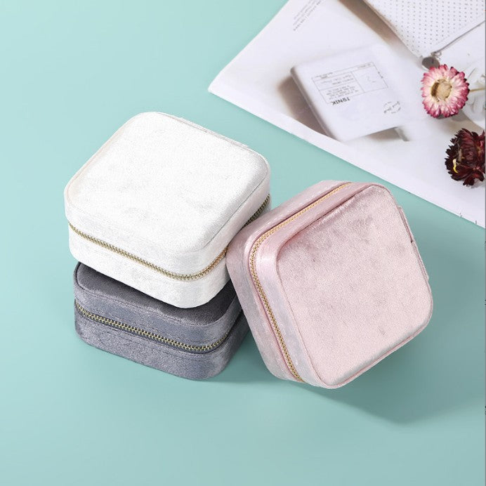 Portable Double-Layer Zipper Velvet Jewelry Storage Box Flip Earrings Earrings Ring Storage Jewelry Box