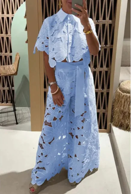 Solid Color Cutout Cardigan & Wide Leg Pants Two-Piece Set for Women