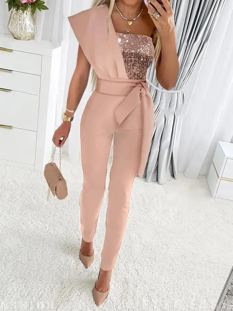 Women’s Jumpsuit Wedding Guest Elegant Sequins One Shoulder Bodycon