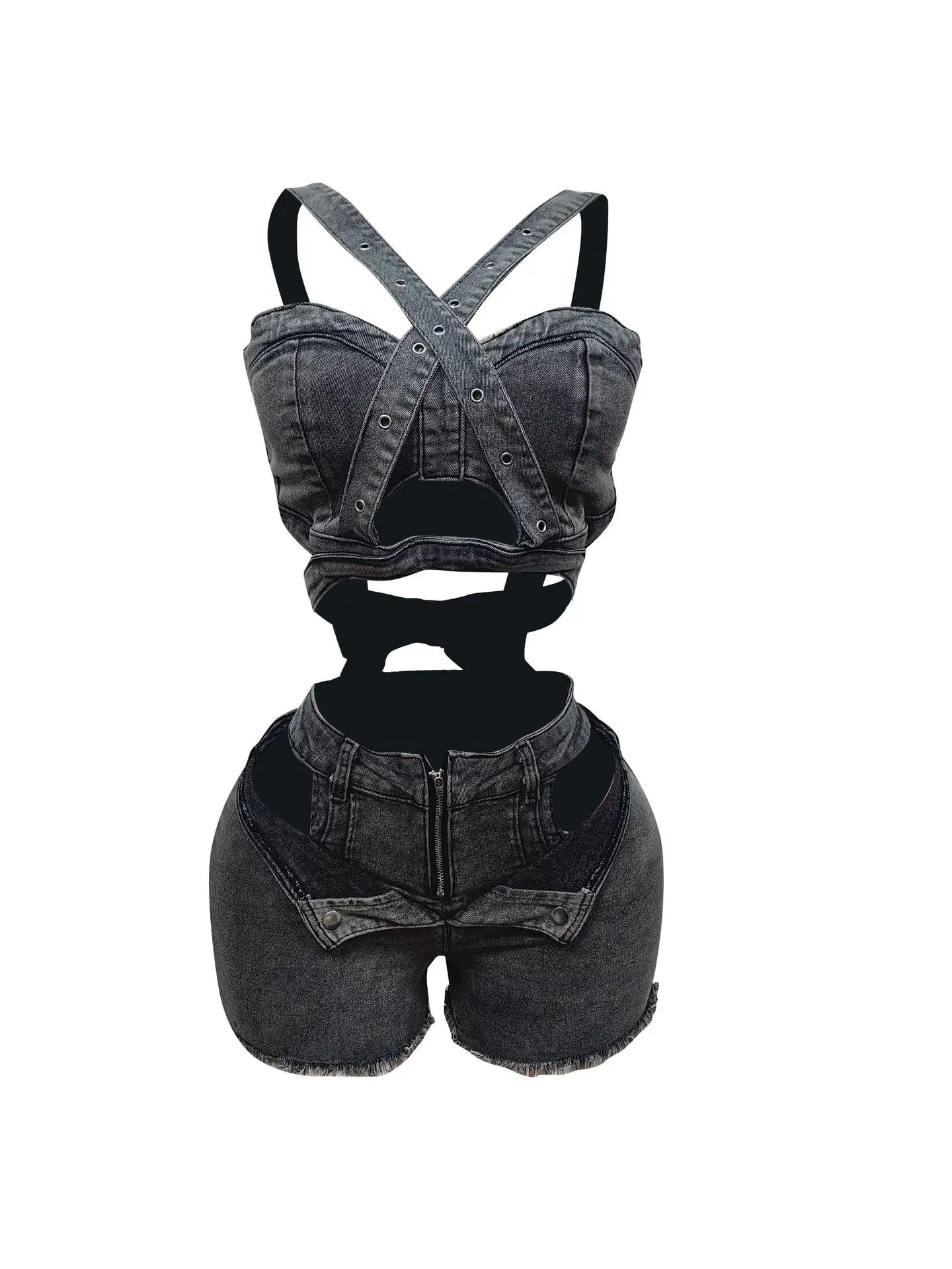 Sexy Holiday Denim Women's Set Halter Neck Crop Tops and Ripped Out Shorts Jeans 2025 Summer Two 2 Piece Sets Outfit