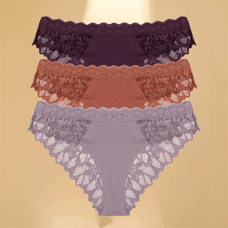 FINETOO 3PCS Lace Hollow Out Women’s Underwear – Sexy Low-Waist Floral Invisible Breathable Soft Lingerie