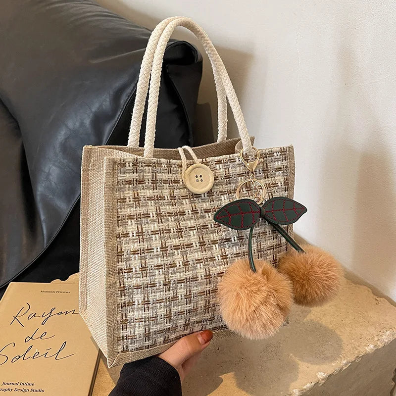 Retro Braided Pattern Jute Tote Bag Large Capacity Grocery Bag Women Handbag Beach Organizer Portable Shopping Bag Lunch Bag