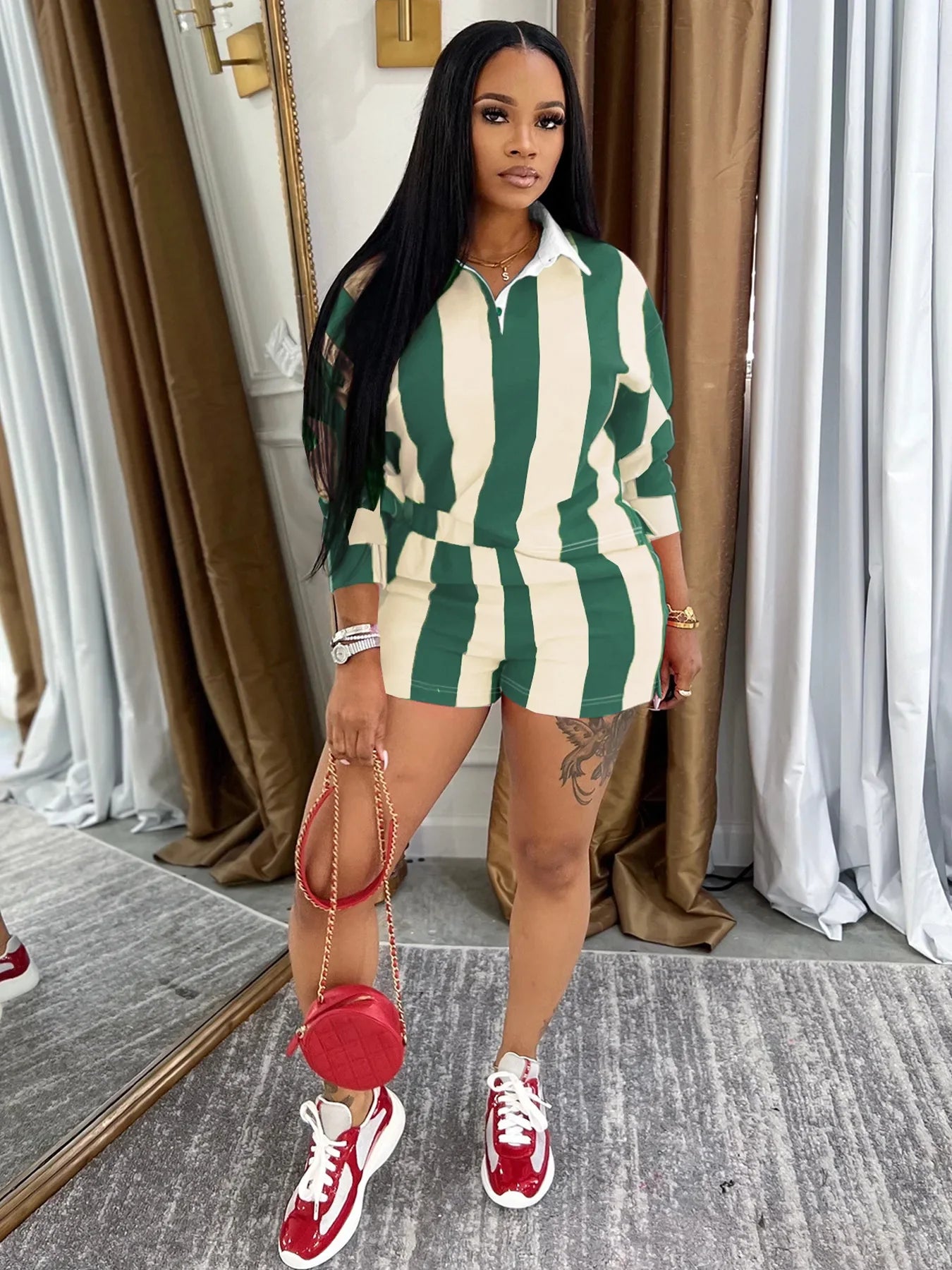 Striped Women's Set Pleated full Sleeve Turn-down Collar Polo-t-shirt and Shorts Two 2 Piece Sets Outfit Tracksuits