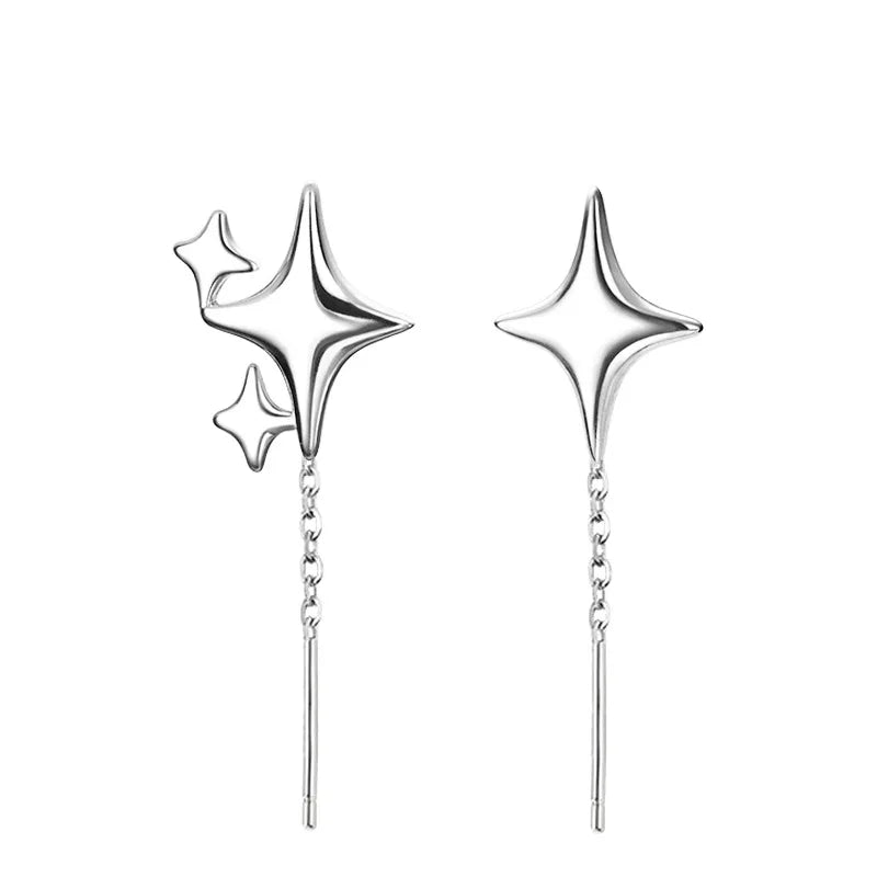 Sterling Silver Star Drop Earrings With Tassel Chain