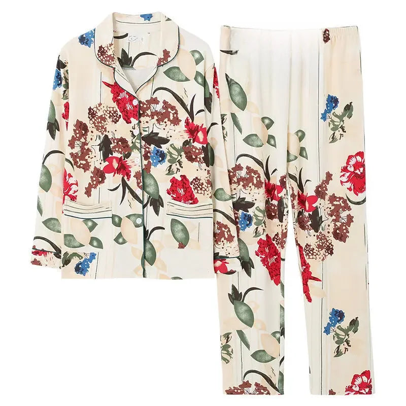 Autumn Women's 100% Cotton Long Sleeve Pajama Set Middle-aged Elderly Thin Cardigan Suitable For Home Wear