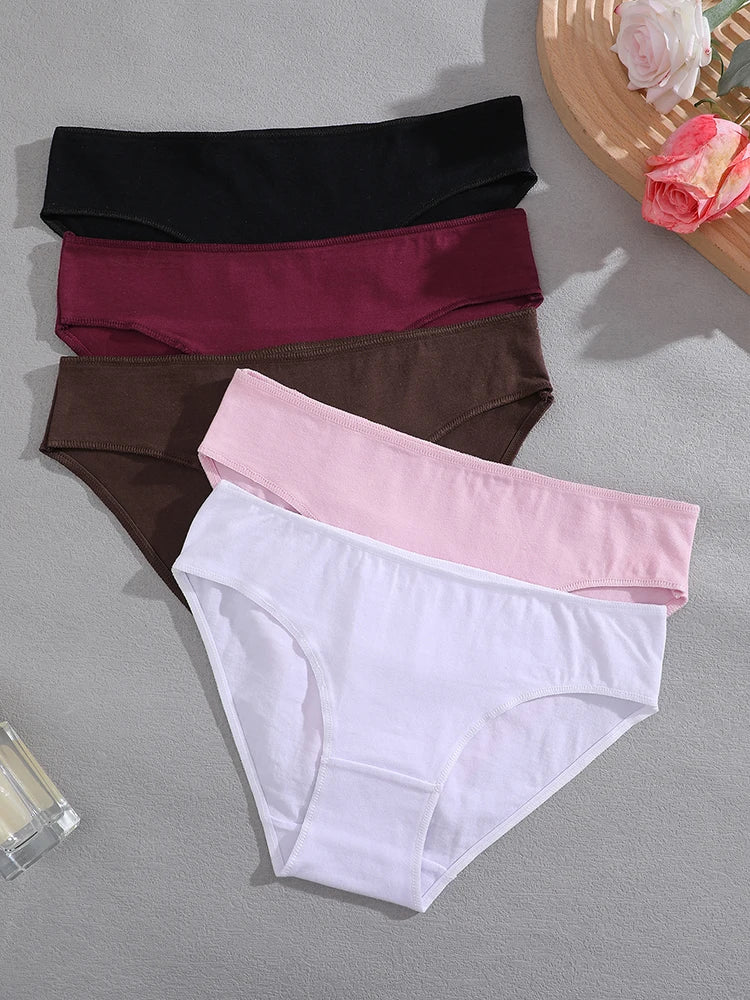 FINETOO 5PCS Set Women's Cotton Lingerie Panties S-XL Sexy Solid Color Underwear Briefs