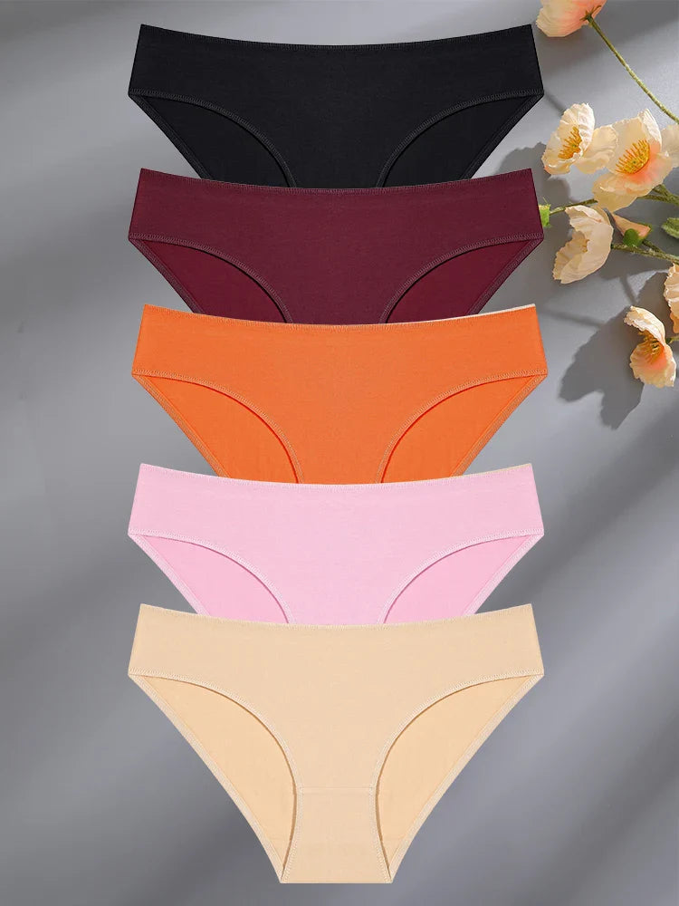 FINETOO 5PCS Set Women's Cotton Lingerie Panties S-XL Sexy Solid Color Underwear Briefs