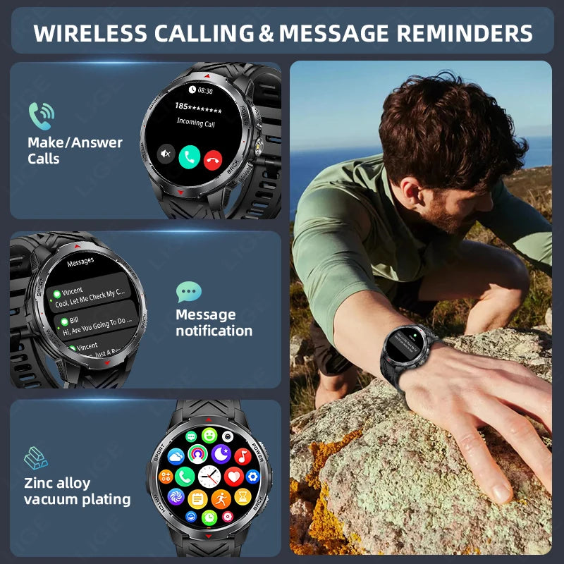 LIGE Men Smart Watch 1100mAh Large Battery 3ATM Waterproof Bluetooth Call Heart Rate Sleep Monitor Flashlight Sports Smartwatch