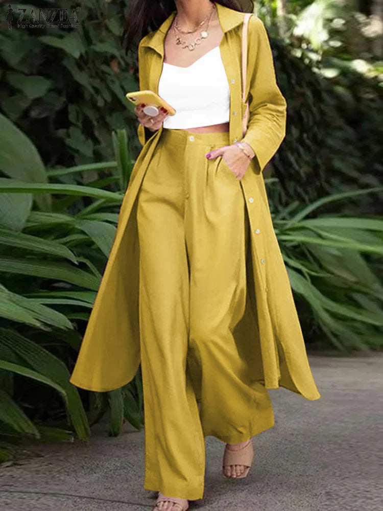 Women's Two Piece Pant Set With Wide Leg Pants And Long Sleeve Shirt