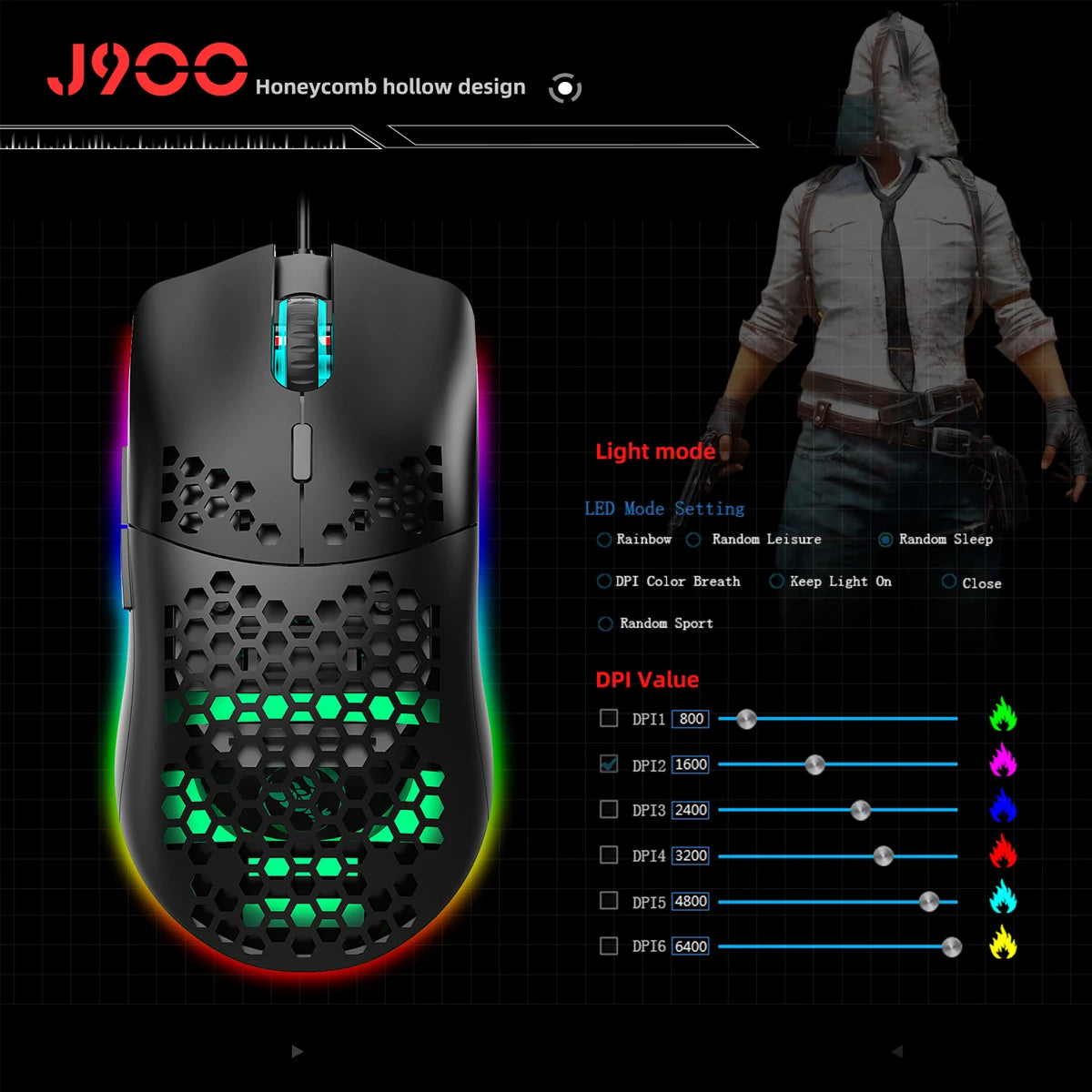 J900 gaming mouse - Black/White High Sensitivity Ergonomic Optical Plug N Play