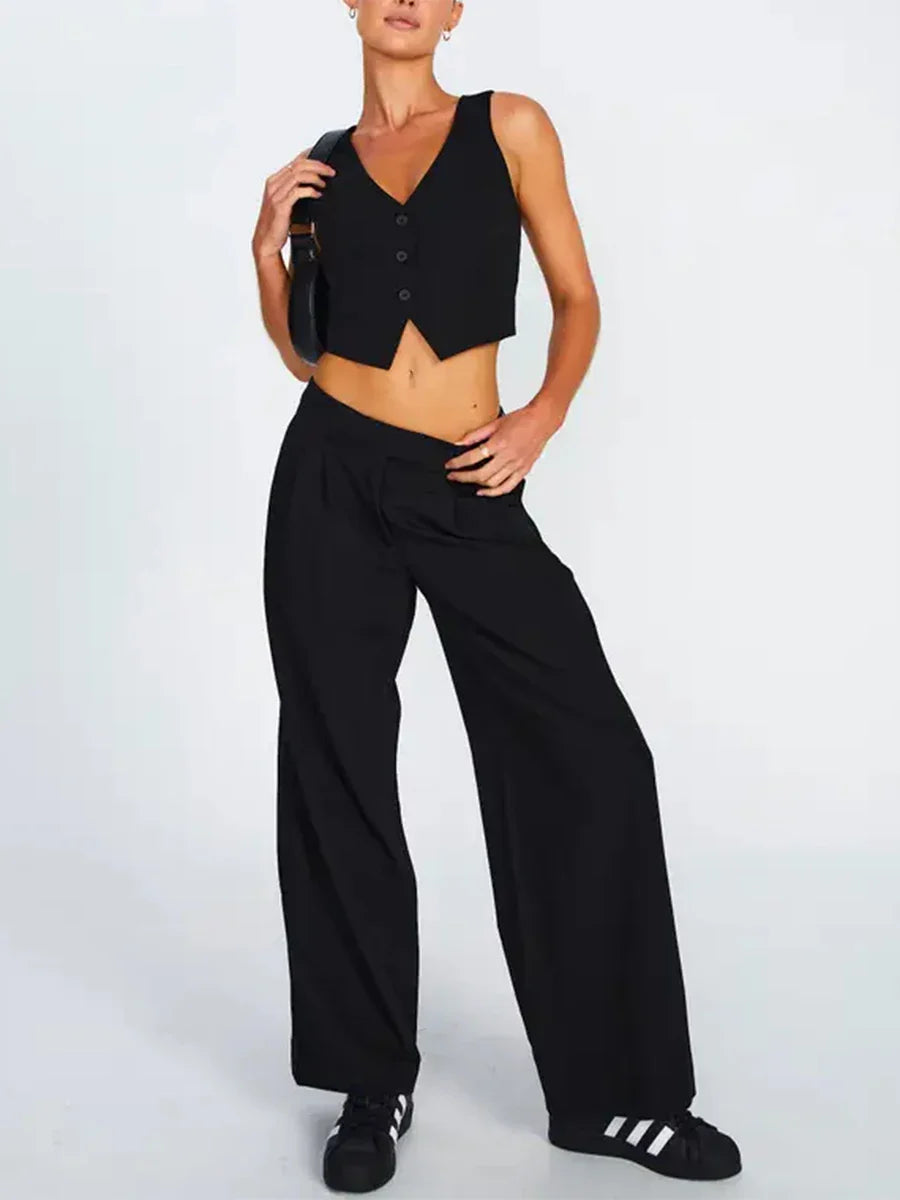 Women's Fashion Black Sleeveless Vests Casual V Neck Button Waistcoat Formal Business Tuxedo Shirt Slim Fit Cropped Blazer Vests