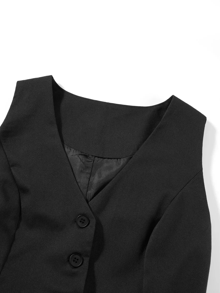 Women's Fashion Black Sleeveless Vests Casual V Neck Button Waistcoat Formal Business Tuxedo Shirt Slim Fit Cropped Blazer Vests