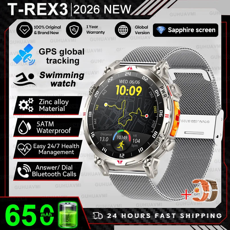 2026 New Military T-Rex 3 Ultra GPS Compass Smart Watch For Outdoor Sports 5ATM Waterproof Heart Rate 650mAh Battery Smart Watch