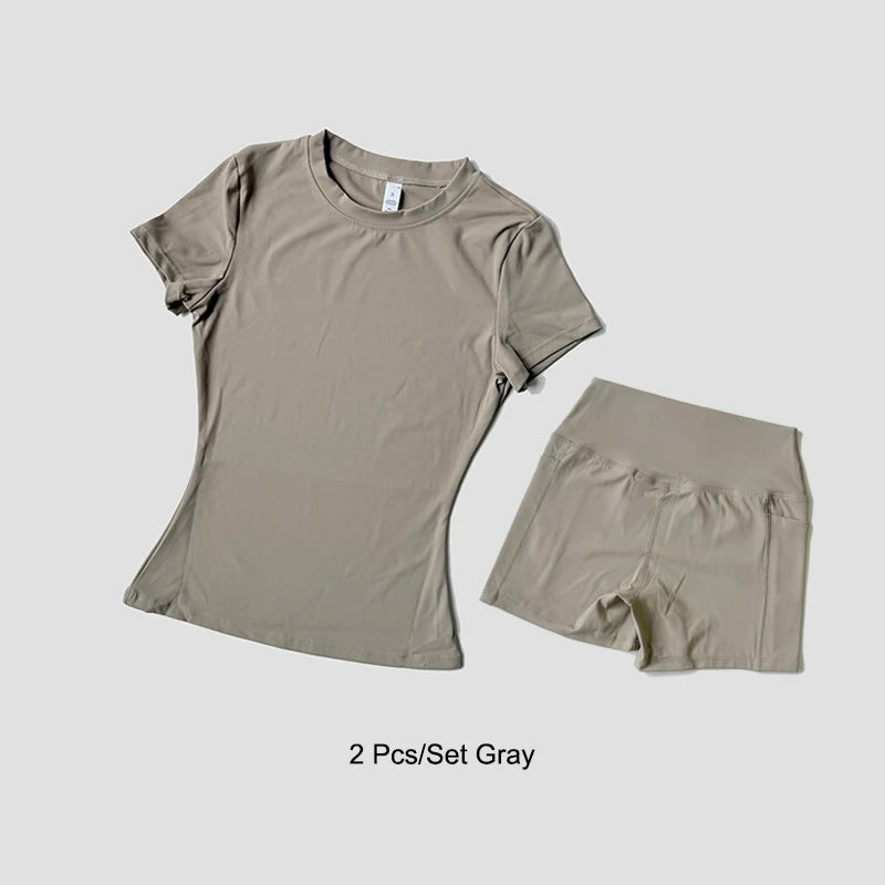 Women's Sports Set Seamless Knitted Short Sleeve