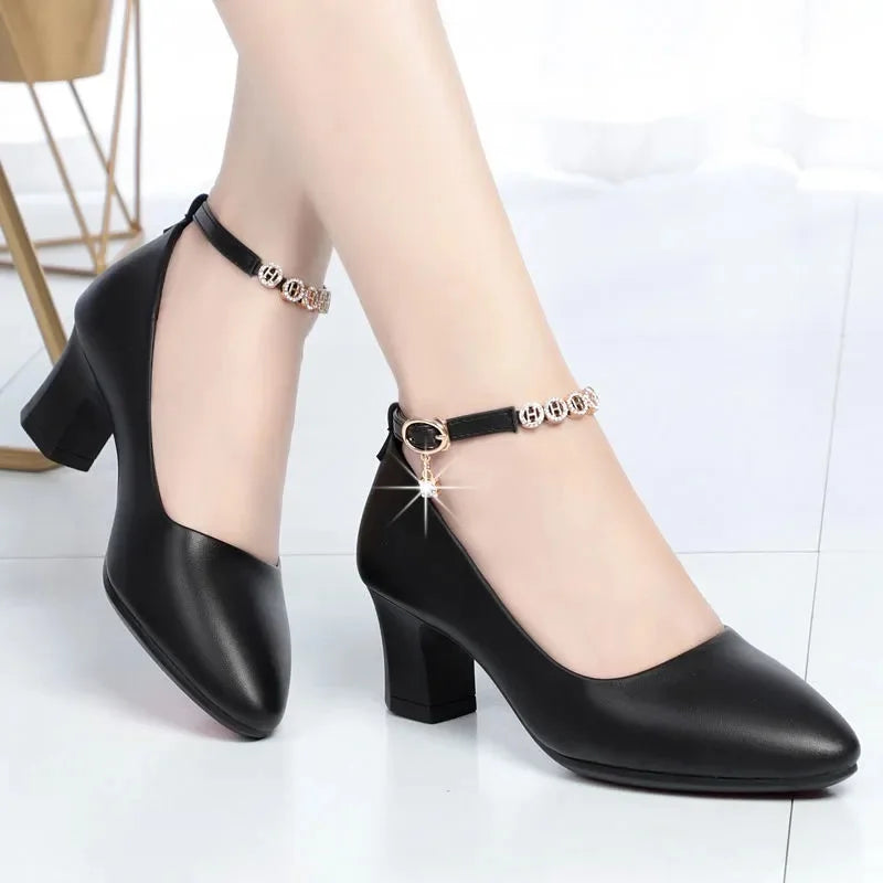 Women's Casual Round Head Chunky Heel Buckle High Heels