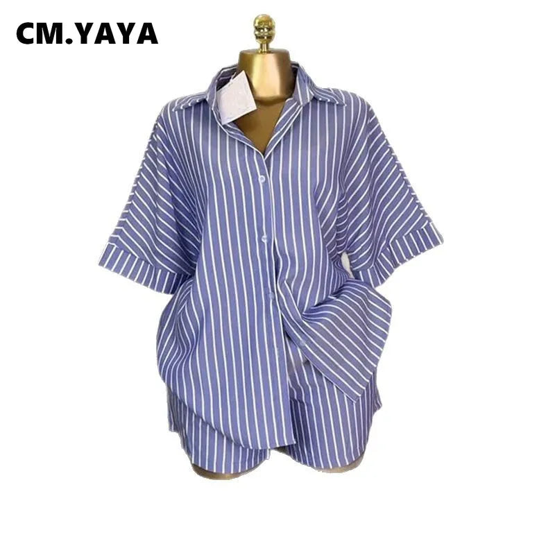 Fashion Striped Women's Set  Half Sleeve Turn-down T-shirt and Shorts Chic Two Piece Sets Outfit Tracksuit