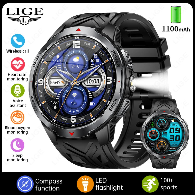 LIGE Men Smart Watch 1100mAh Large Battery 3ATM Waterproof Bluetooth Call Heart Rate Sleep Monitor Flashlight Sports Smartwatch
