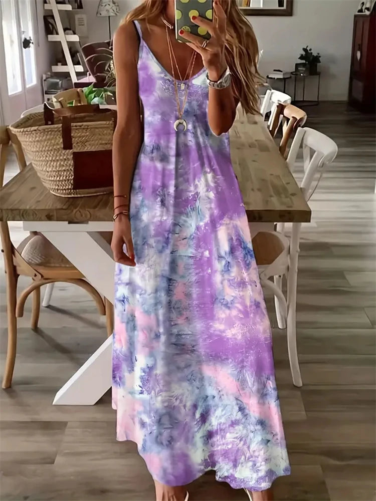 Abstract Print Maxi Dress, Casual Sleeveless Spaghetti Strap Dress, Women's Clothing