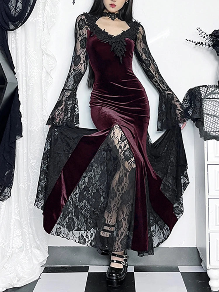 AltGoth Gothic Midi Dress - Elegant Lace Patchwork & Sheer Flare Sleeves, High-Waisted Clubwear for a Stunning Look