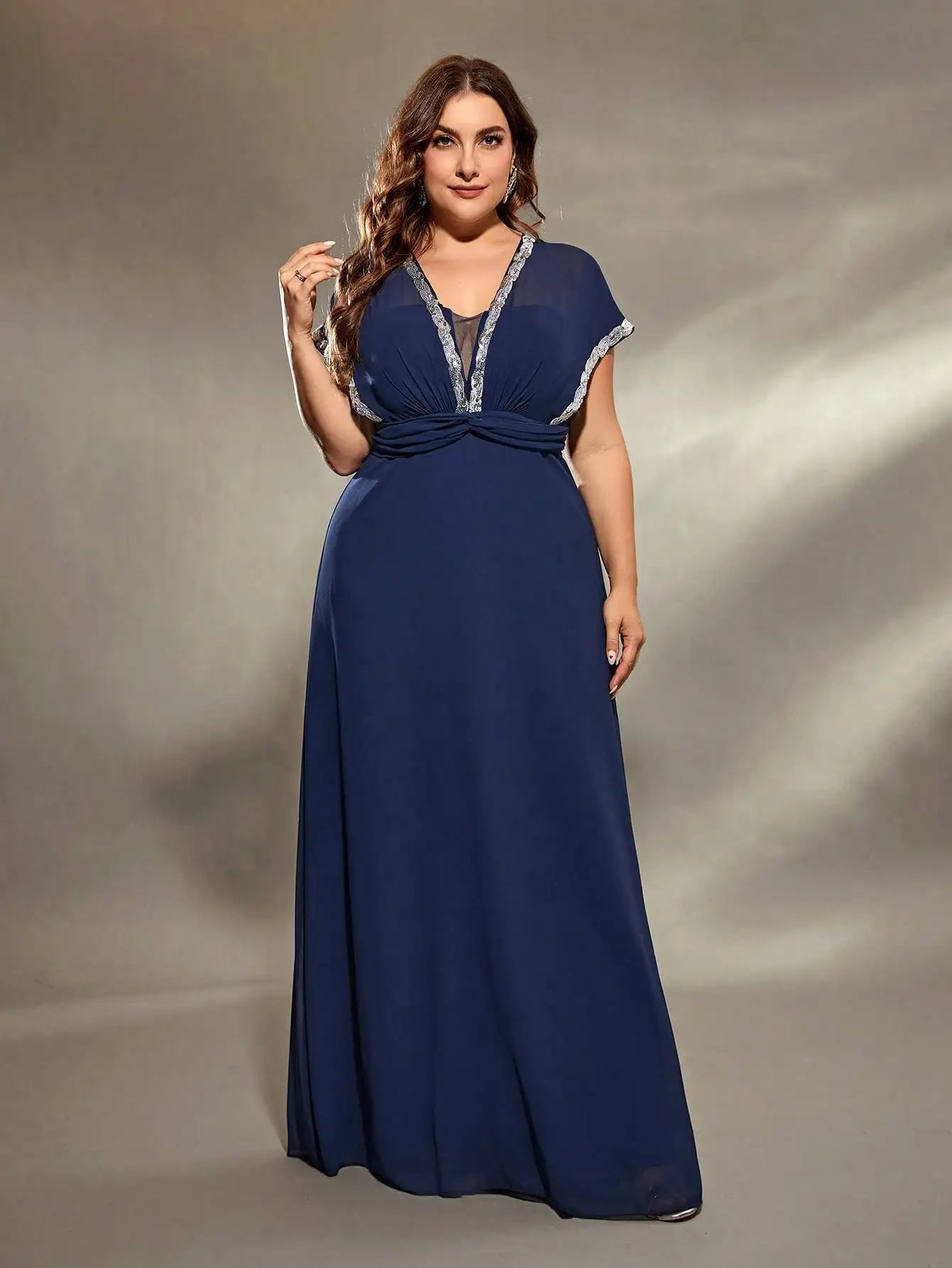 Plus Size Silver Sequin Lace A-Line Gown