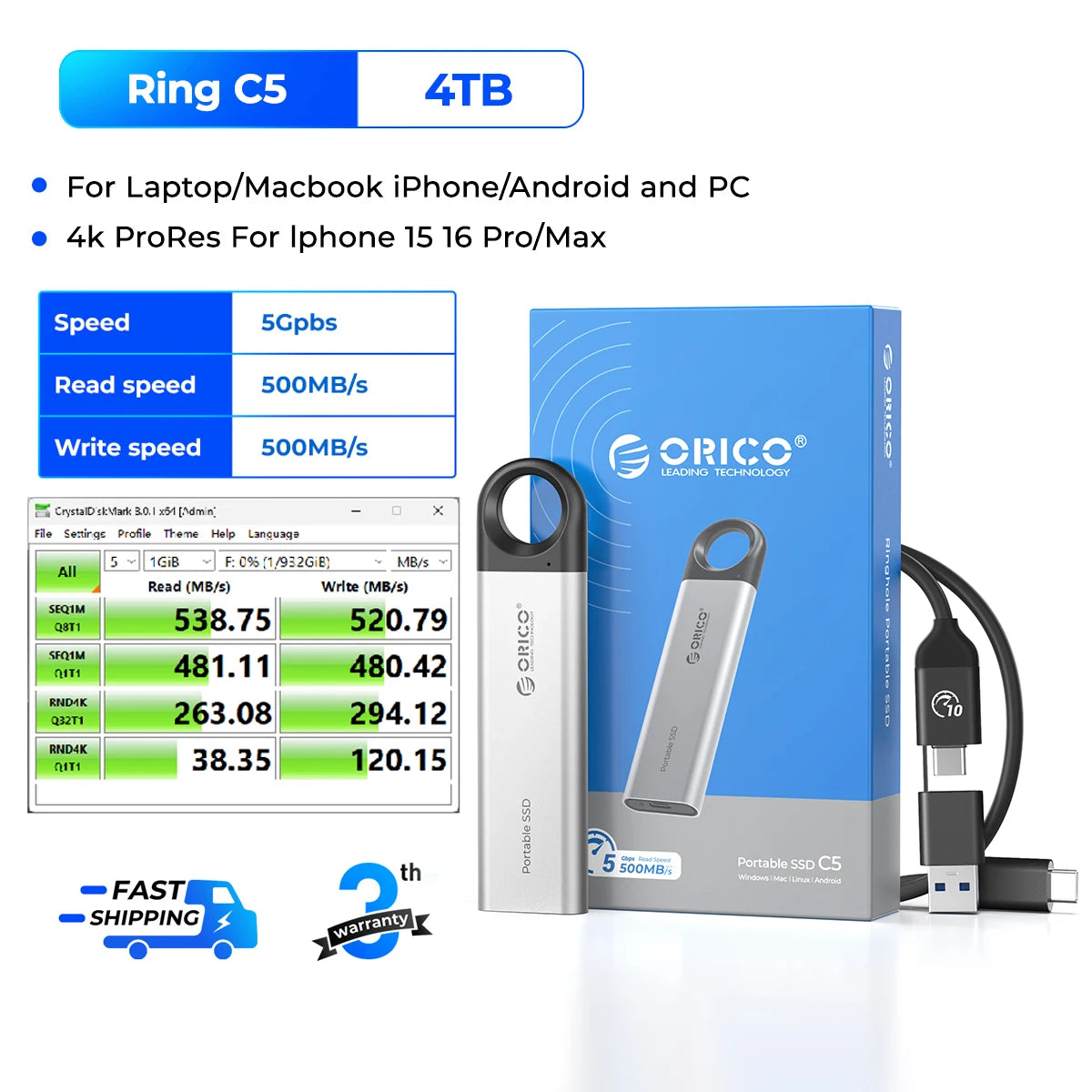 ORICO 1TB External SSD - Ultra-Fast 460MB/s Speed, Hanging Hook Design