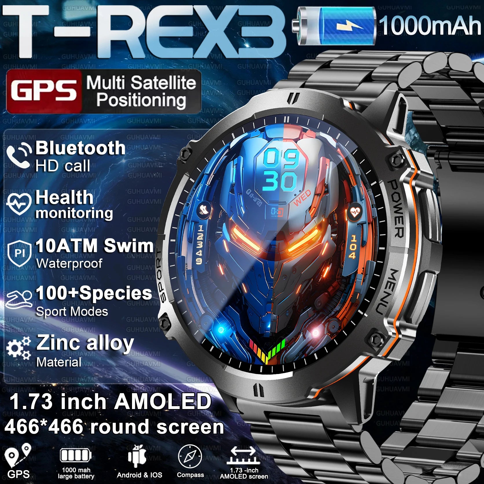 New T-REX3 Outdoor Smart Watch 1.73 inch AMOLED 1000mAh Large Battery Compass 10ATM Waterproof Call Sports Men Fitness Bracelet