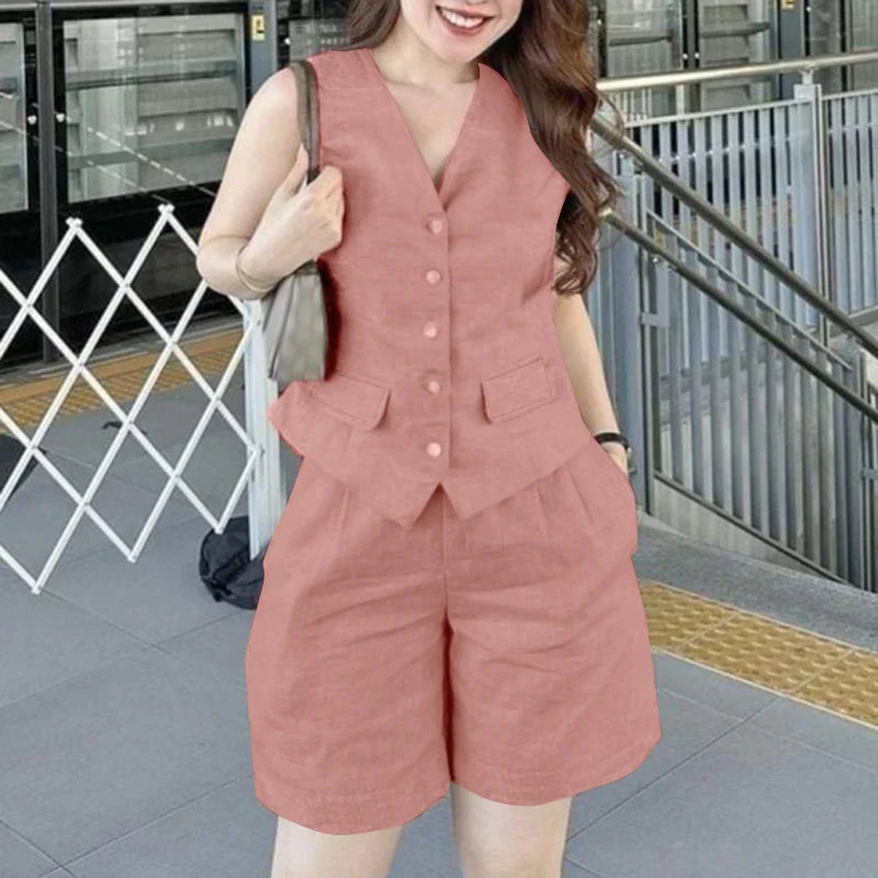 Women Sleeveless Vest Top And Pants Two Piece Office Suit Set
