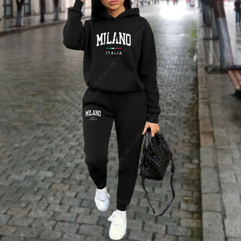 Autumn Winter Women's Sets 2pcs Hoodies Pants Suit Sports Outfits MILANO Letter Print Aesthetic Clothes Ladies Tracksuit