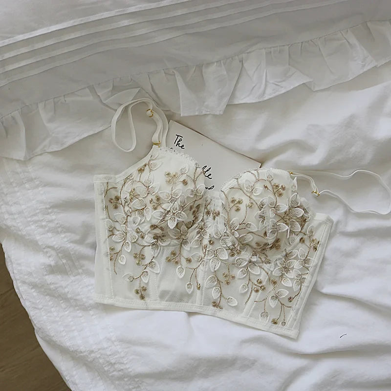 3D Embroidered Sexy Lace Fish Bone Corset Bralette with Steel Ring - 2/1 Half Cup Underwear