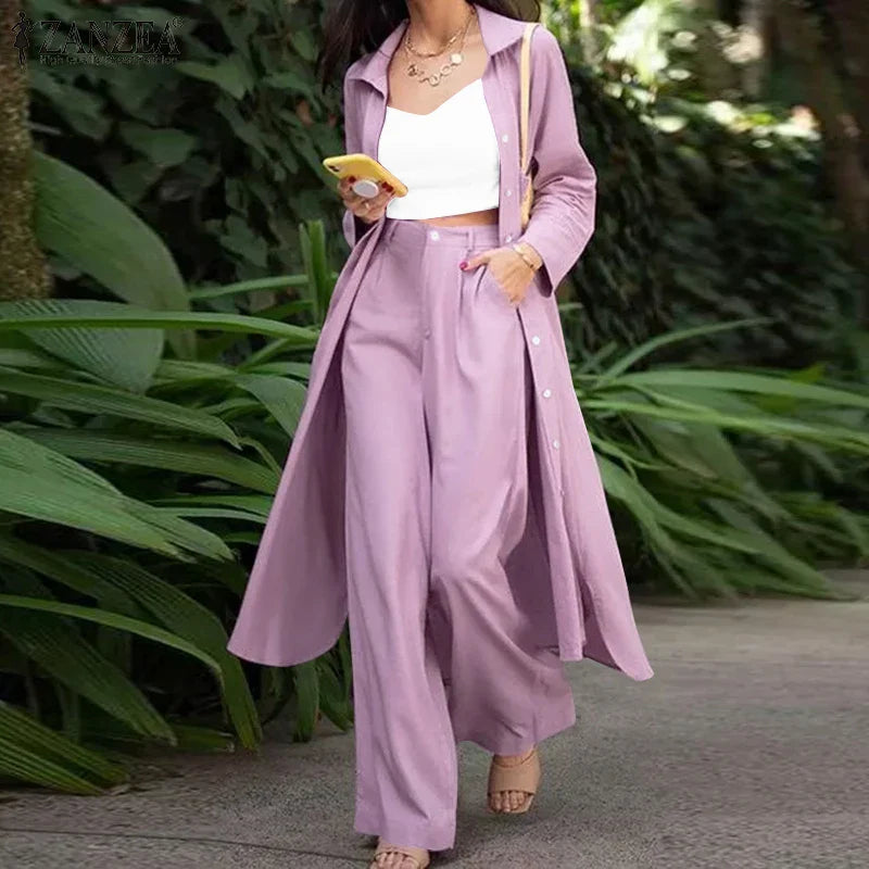 Women's Two Piece Pant Set With Wide Leg Pants And Long Sleeve Shirt