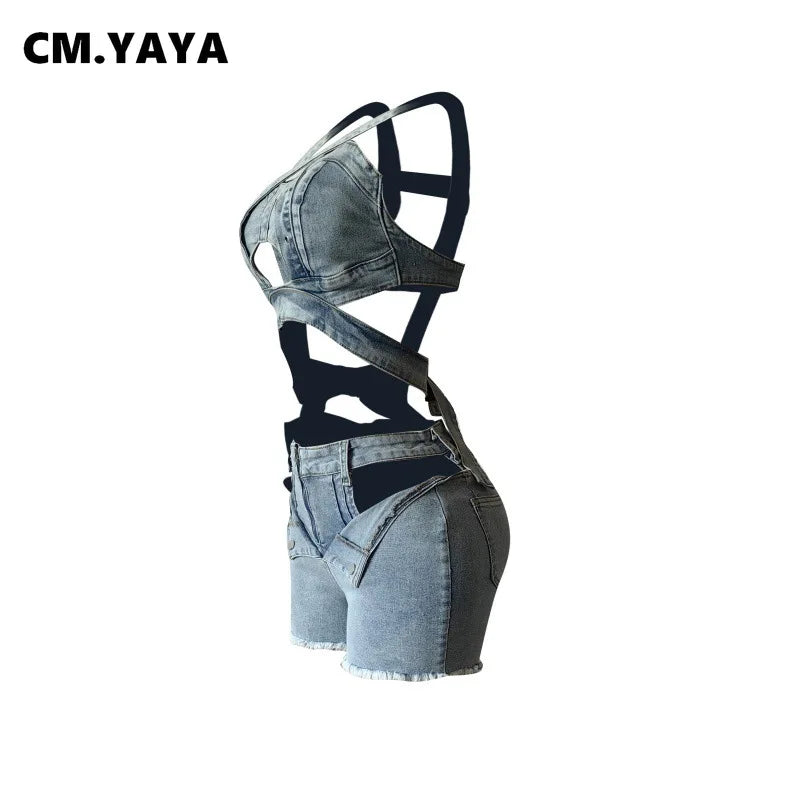 Sexy Holiday Denim Women's Set Halter Neck Crop Tops and Ripped Out Shorts Jeans 2025 Summer Two 2 Piece Sets Outfit