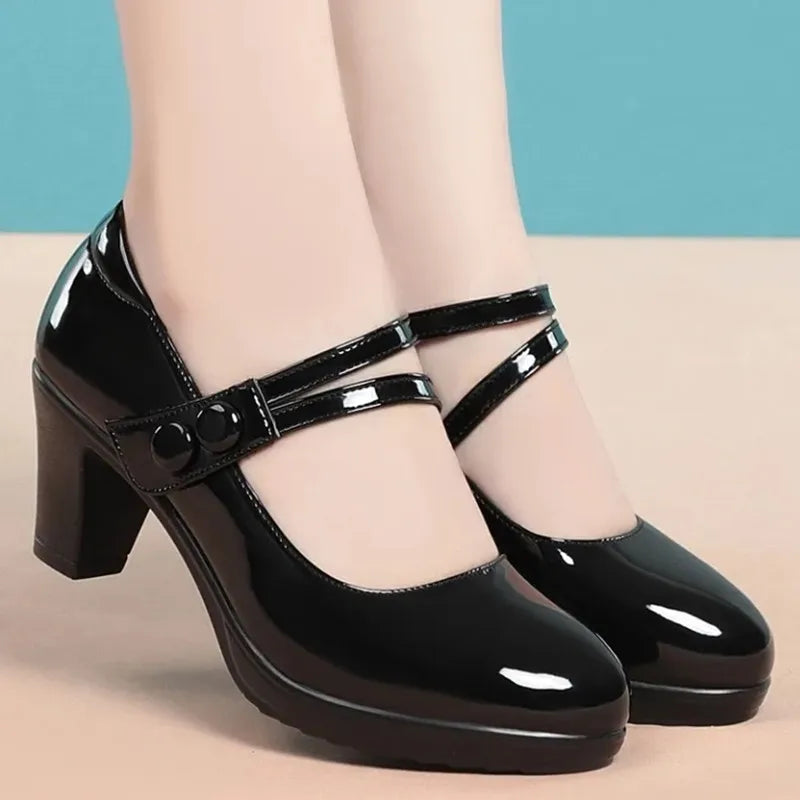 Women's Casual Round Head Chunky Heel Buckle High Heels