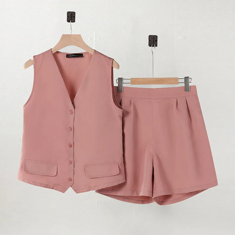 Women Sleeveless Vest Top And Pants Two Piece Office Suit Set