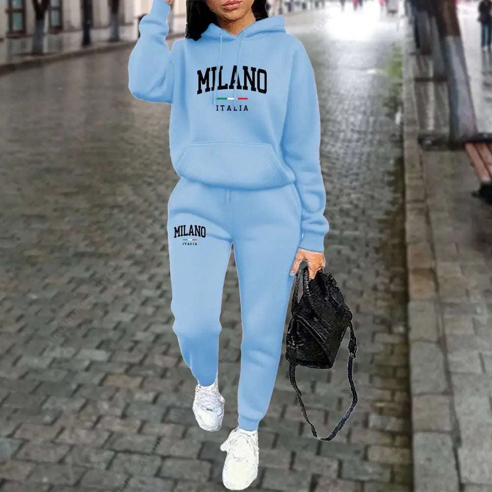 Autumn Winter Women's Sets 2pcs Hoodies Pants Suit Sports Outfits MILANO Letter Print Aesthetic Clothes Ladies Tracksuit