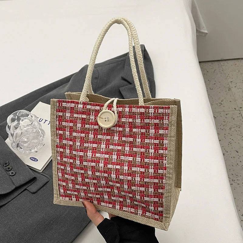 Retro Braided Pattern Jute Tote Bag Large Capacity Grocery Bag Women Handbag Beach Organizer Portable Shopping Bag Lunch Bag