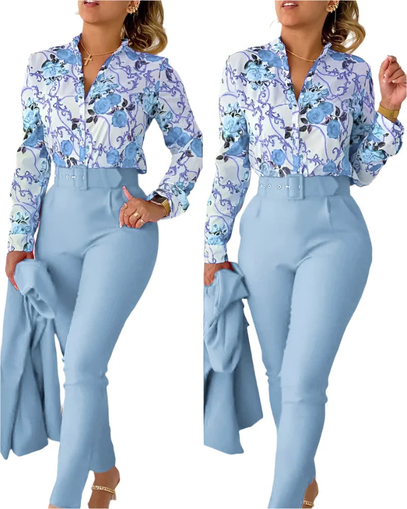 Women's Elegant 2-Piece Set – Printed Long Sleeve Shirt & High-Waist Pants, Casual Spring/Autumn Fashion